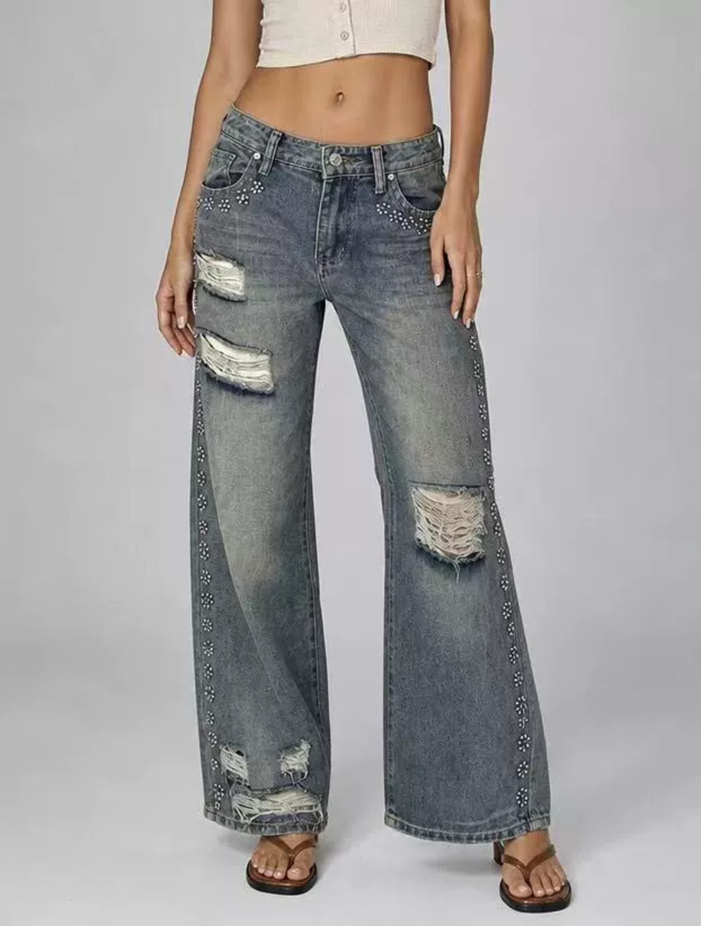 ZARA Vintage Steel Beaded Distressed Edgy Baggy Straight Leg Jeans Women